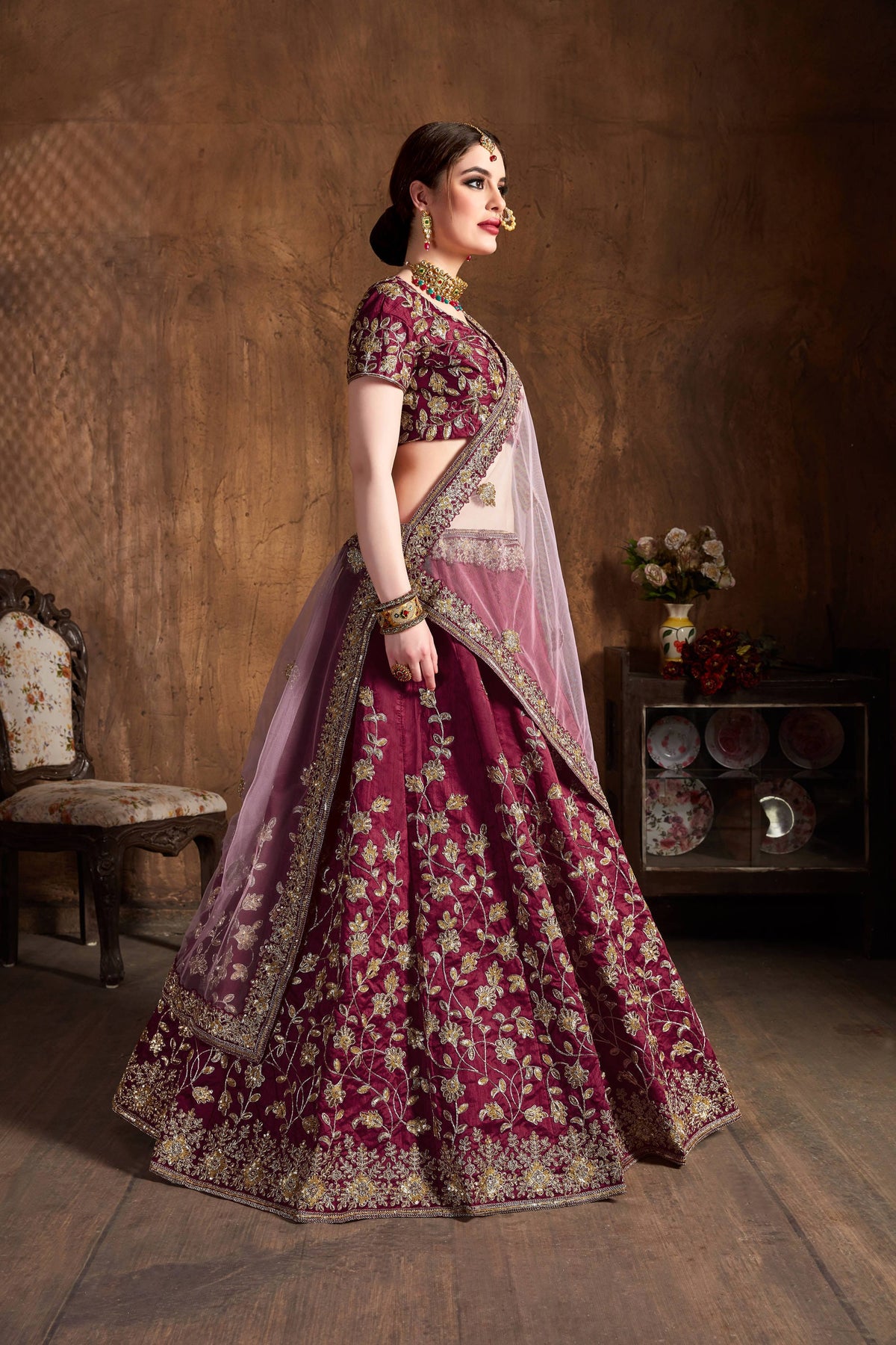 Wine Maroon Bridal Lehenga Choli with Gold Embroidery & Pink Dupatta