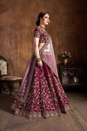 Wine Maroon Bridal Lehenga Choli with Gold Embroidery & Pink Dupatta