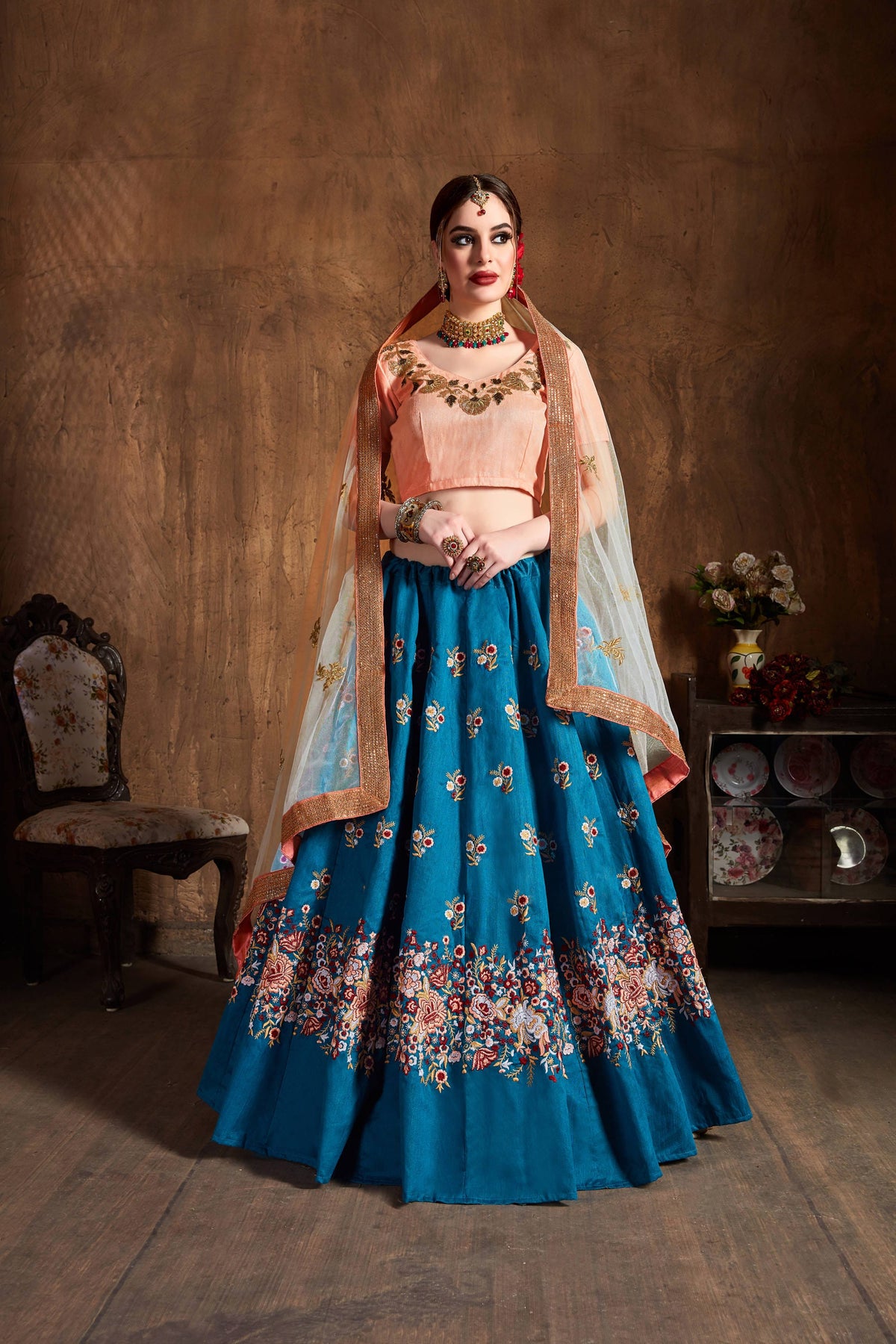 Teal Blue Lehenga Choli with Floral Embroidery & Peach Dupatta