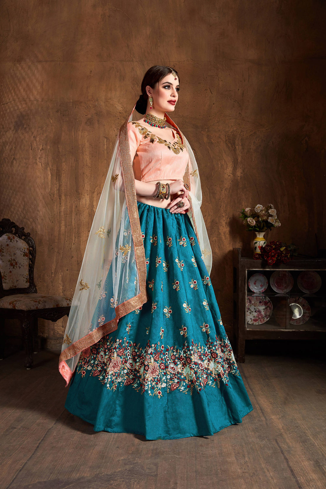 Teal Blue Lehenga Choli with Floral Embroidery & Peach Dupatta
