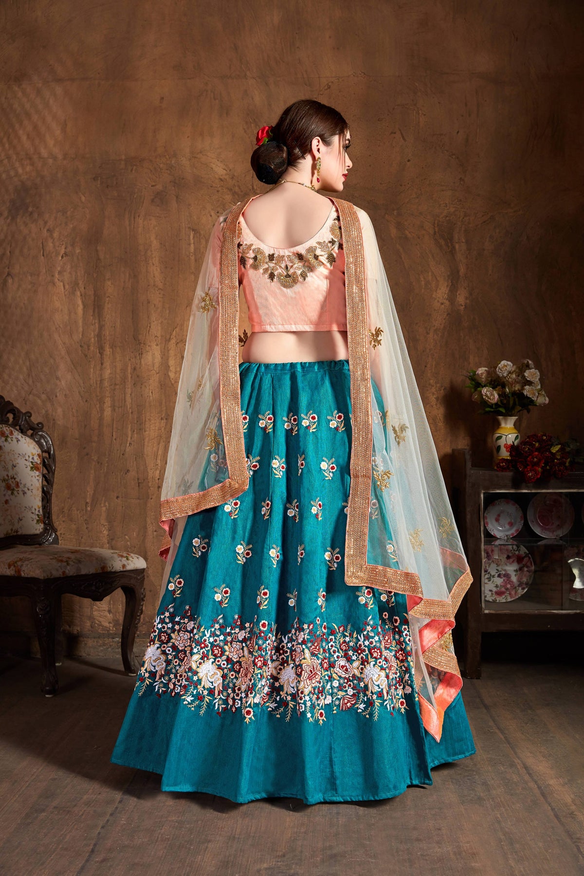 Teal Blue Lehenga Choli with Floral Embroidery & Peach Dupatta