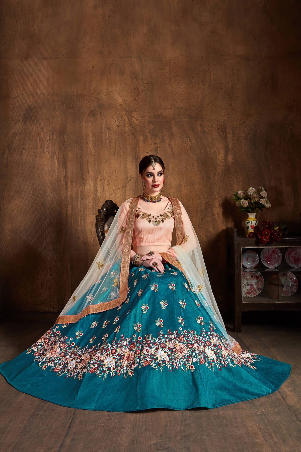 Teal Blue Lehenga Choli with Floral Embroidery & Peach Dupatta