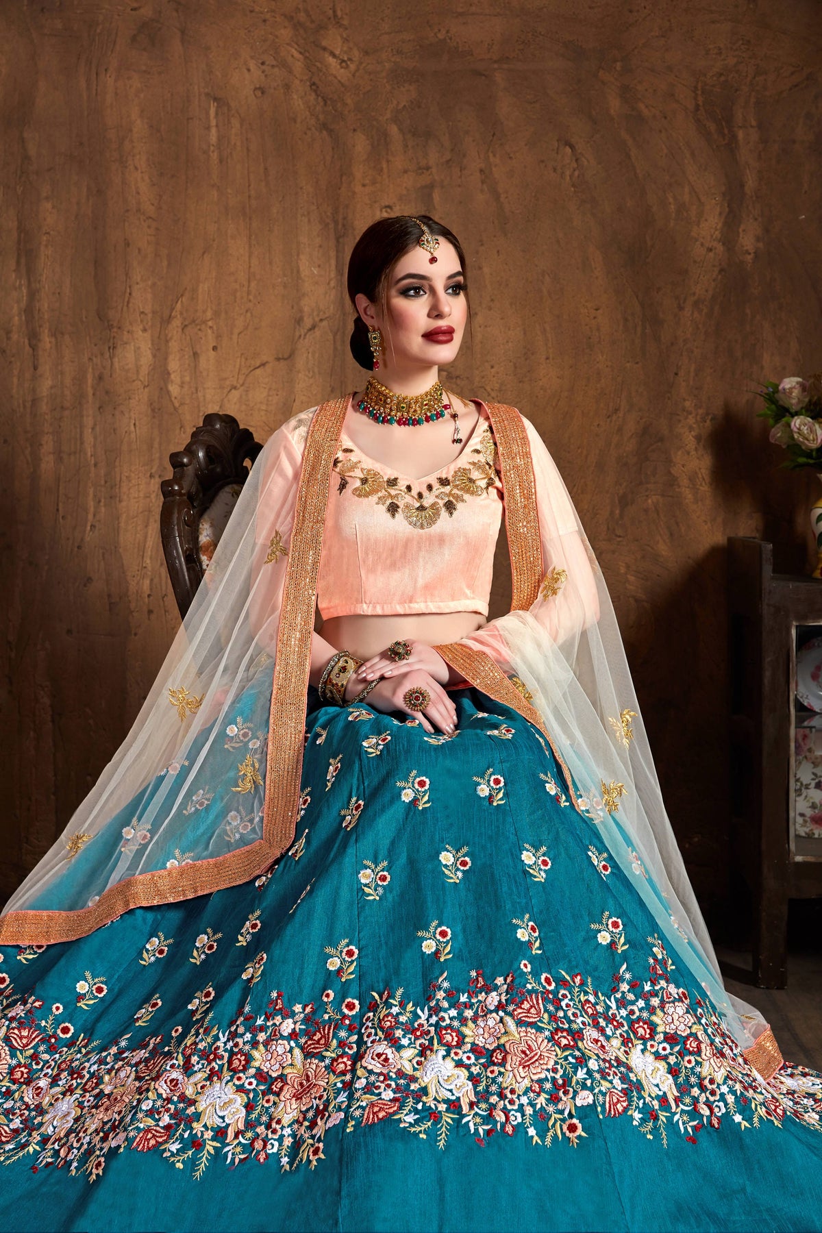 Teal Blue Lehenga Choli with Floral Embroidery & Peach Dupatta