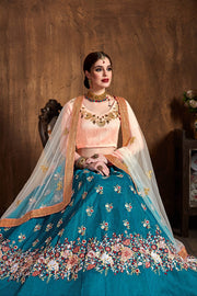 Teal Blue Lehenga Choli with Floral Embroidery & Peach Dupatta