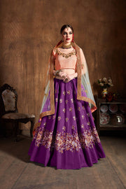 Royal Purple Lehenga Choli with Floral Embroidery & Peach Dupatta