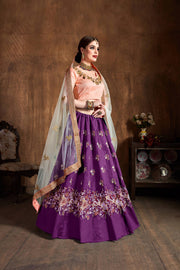 Royal Purple Lehenga Choli with Floral Embroidery & Peach Dupatta