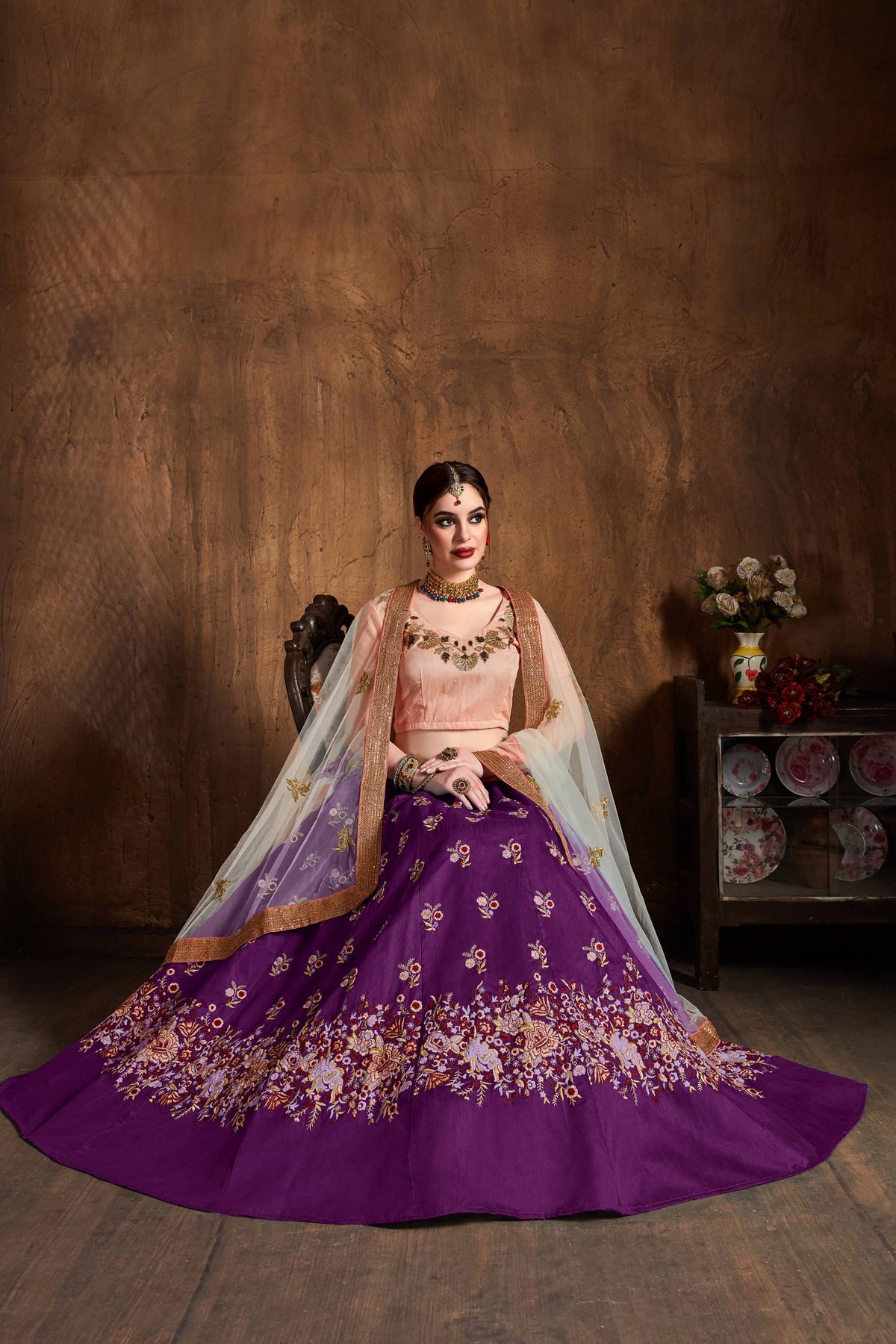 Royal Purple Lehenga Choli with Floral Embroidery & Peach Dupatta