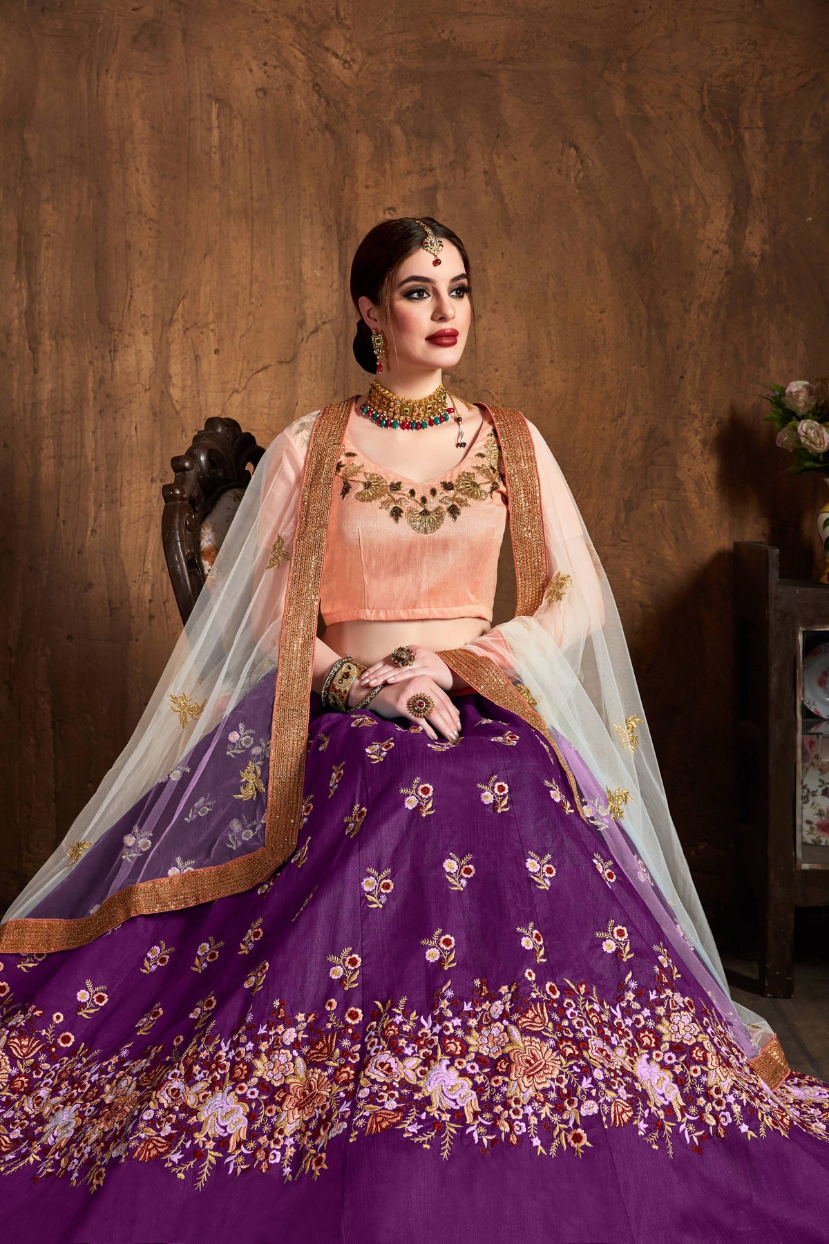Royal Purple Lehenga Choli with Floral Embroidery & Peach Dupatta