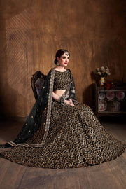 Black & Gold Embroidered Bridal Lehenga Choli with Sheer Dupatta