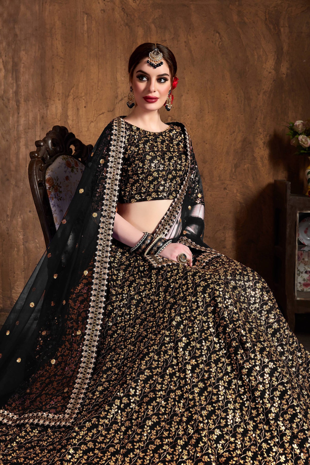 Black & Gold Embroidered Bridal Lehenga Choli with Sheer Dupatta