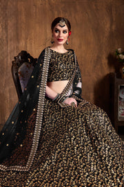 Black & Gold Embroidered Bridal Lehenga Choli with Sheer Dupatta
