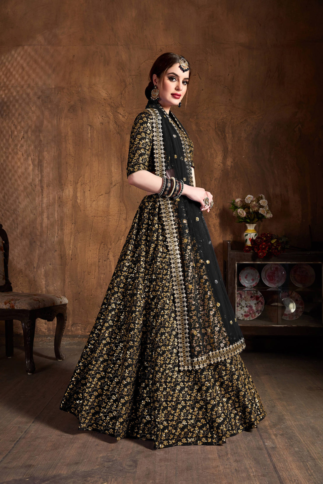 Black & Gold Embroidered Bridal Lehenga Choli with Sheer Dupatta