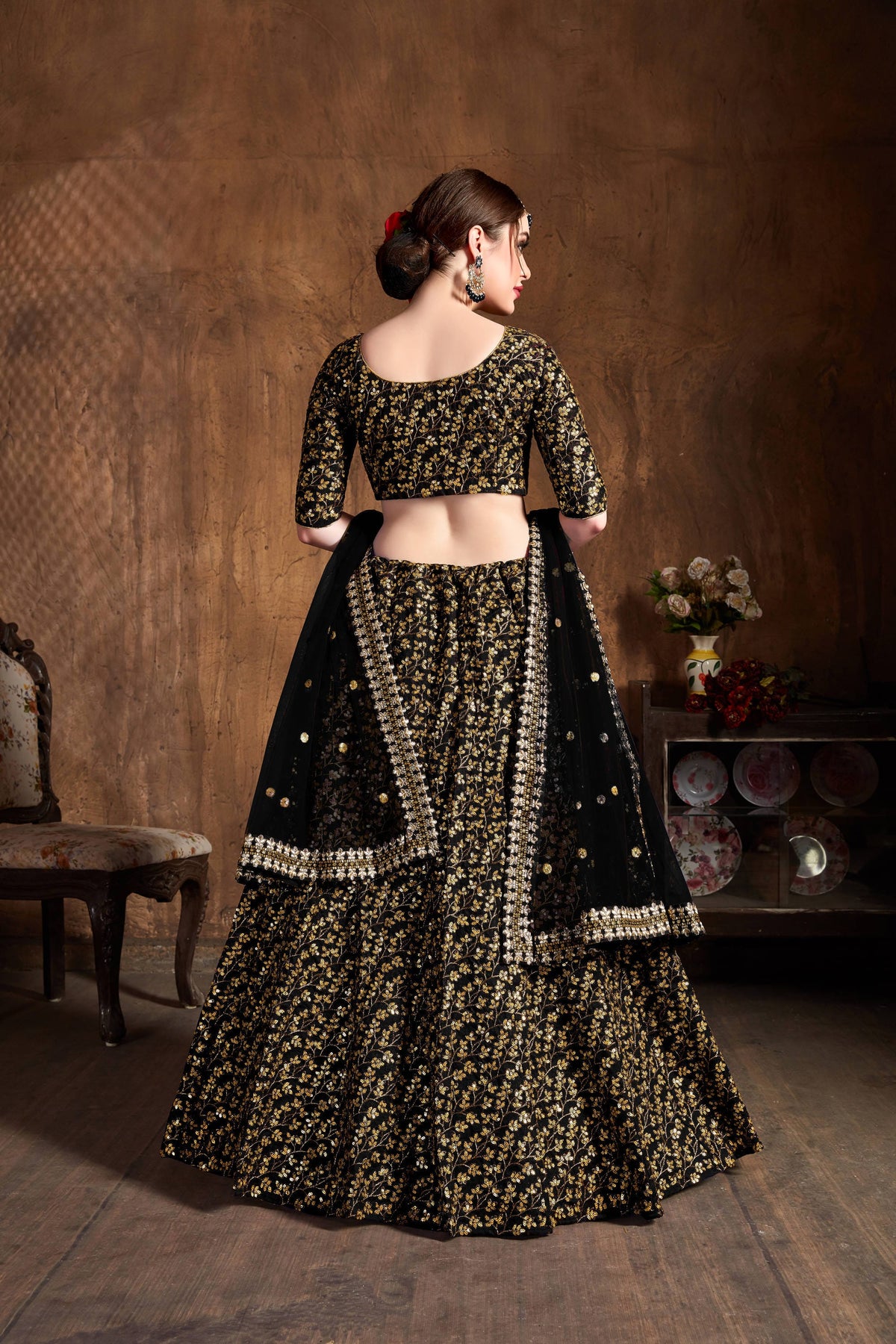 Black & Gold Embroidered Bridal Lehenga Choli with Sheer Dupatta