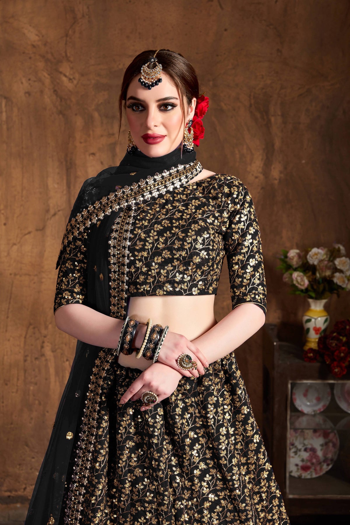 Black & Gold Embroidered Bridal Lehenga Choli with Sheer Dupatta