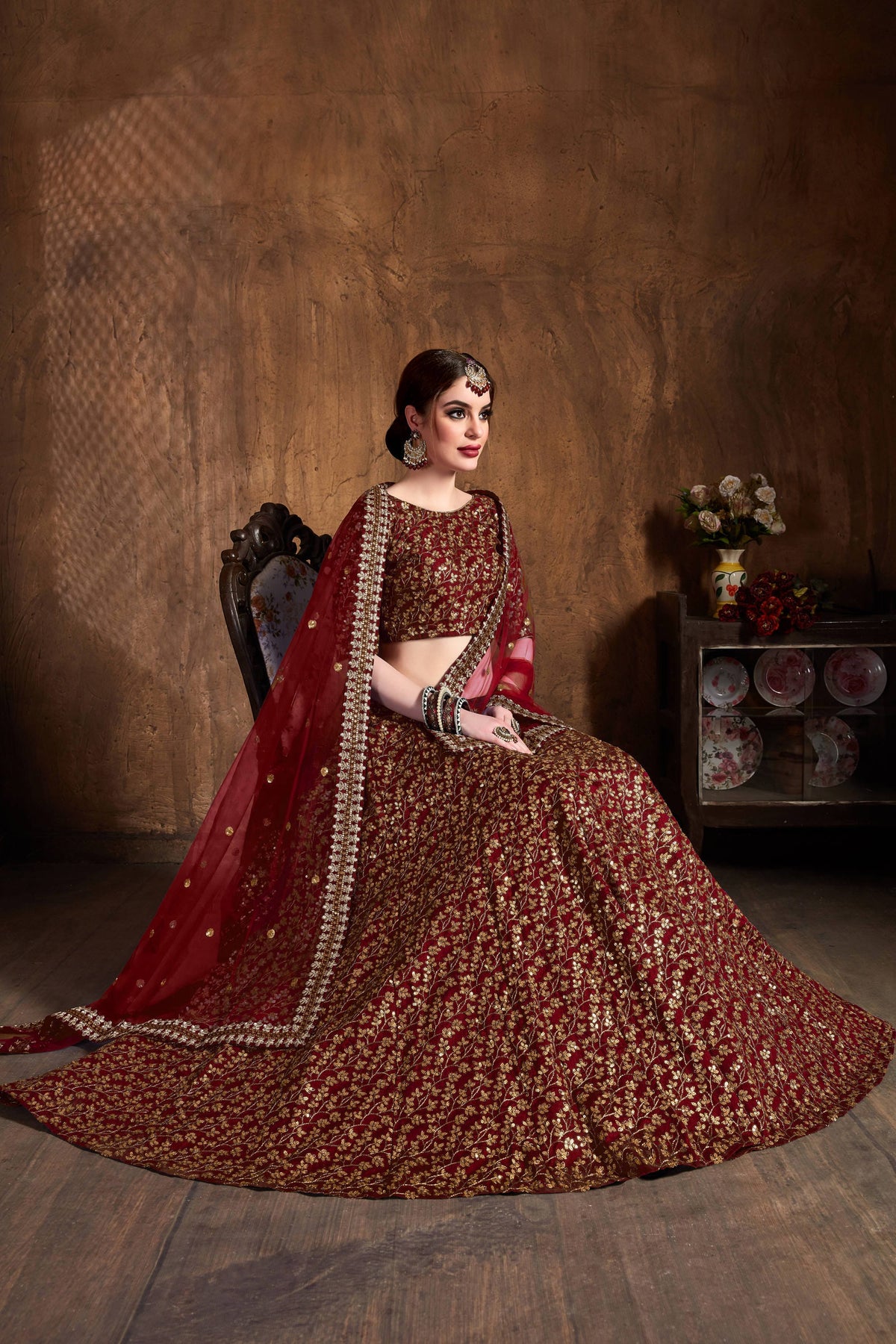 Maroon & Gold Embroidered Bridal Lehenga Choli with Sheer Dupatta