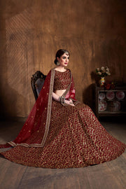 Maroon & Gold Embroidered Bridal Lehenga Choli with Sheer Dupatta
