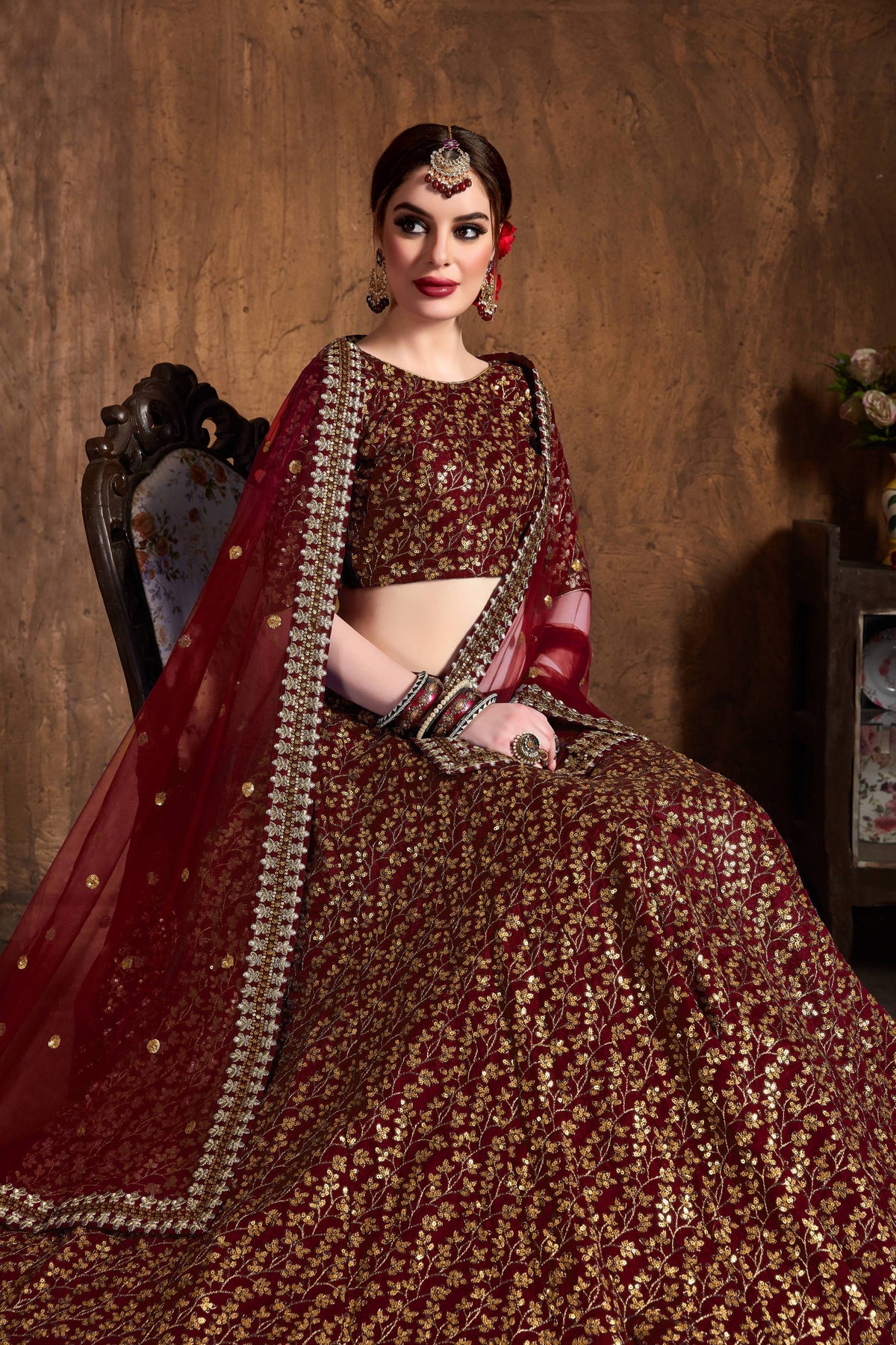 Maroon & Gold Embroidered Bridal Lehenga Choli with Sheer Dupatta