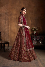 Maroon & Gold Embroidered Bridal Lehenga Choli with Sheer Dupatta