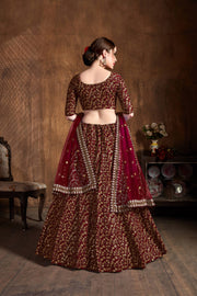 Maroon & Gold Embroidered Bridal Lehenga Choli with Sheer Dupatta