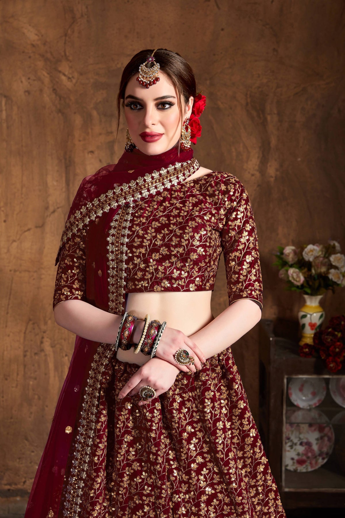 Maroon & Gold Embroidered Bridal Lehenga Choli with Sheer Dupatta