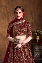 Maroon & Gold Embroidered Bridal Lehenga Choli with Sheer Dupatta