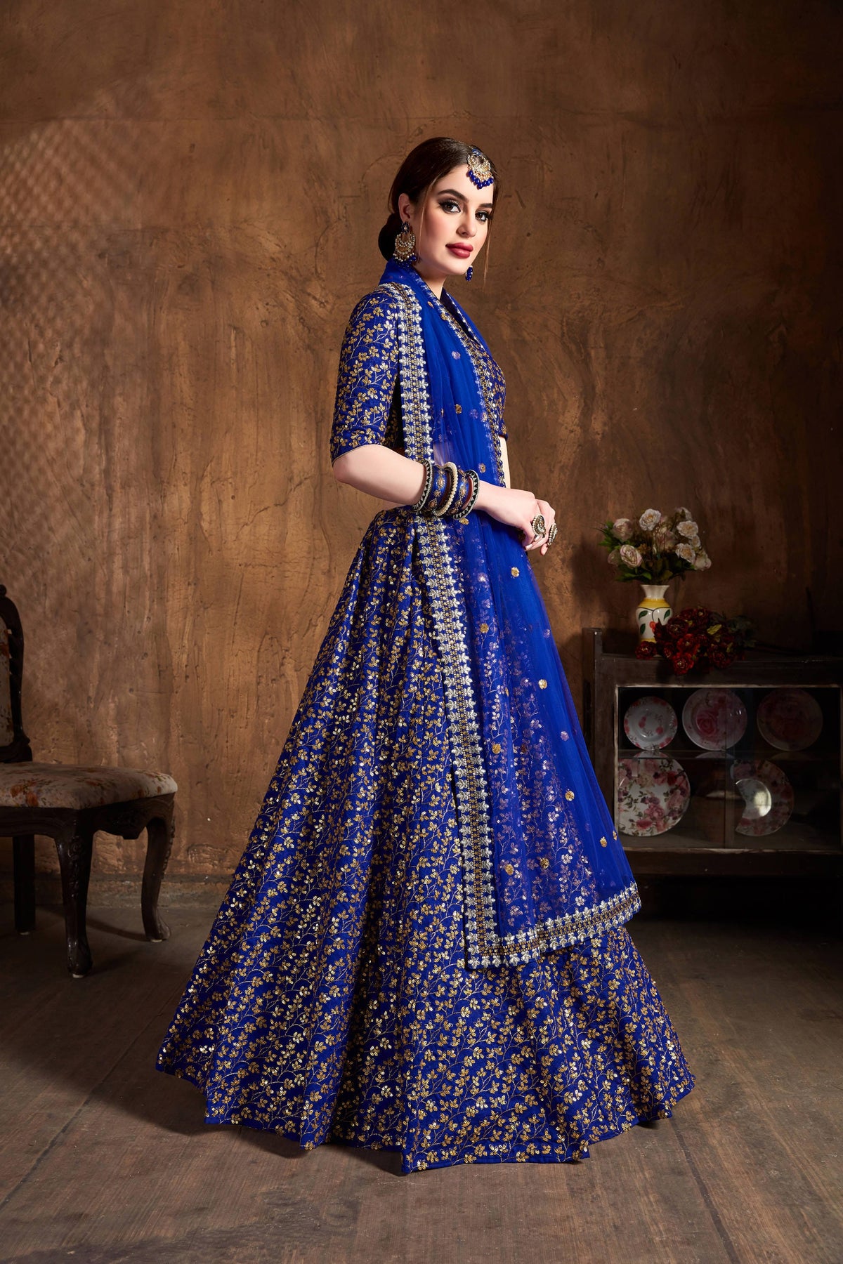 Royal Blue & Gold Embroidered Bridal Lehenga Choli with Dupatta
