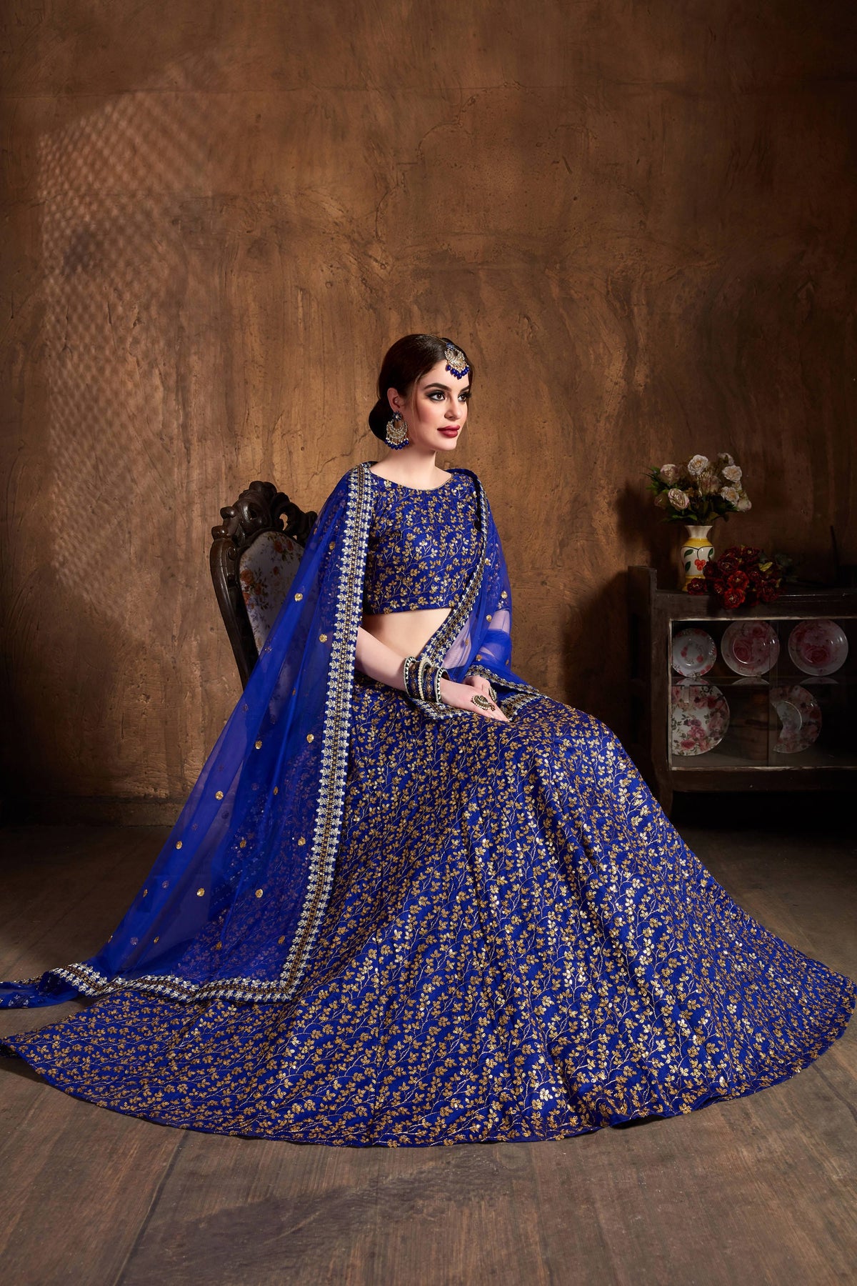 Royal Blue & Gold Embroidered Bridal Lehenga Choli with Dupatta