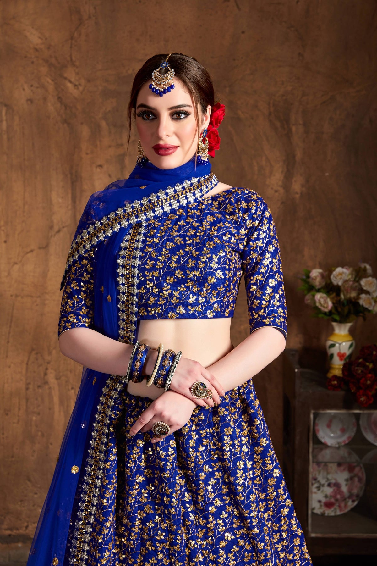 Royal Blue & Gold Embroidered Bridal Lehenga Choli with Dupatta