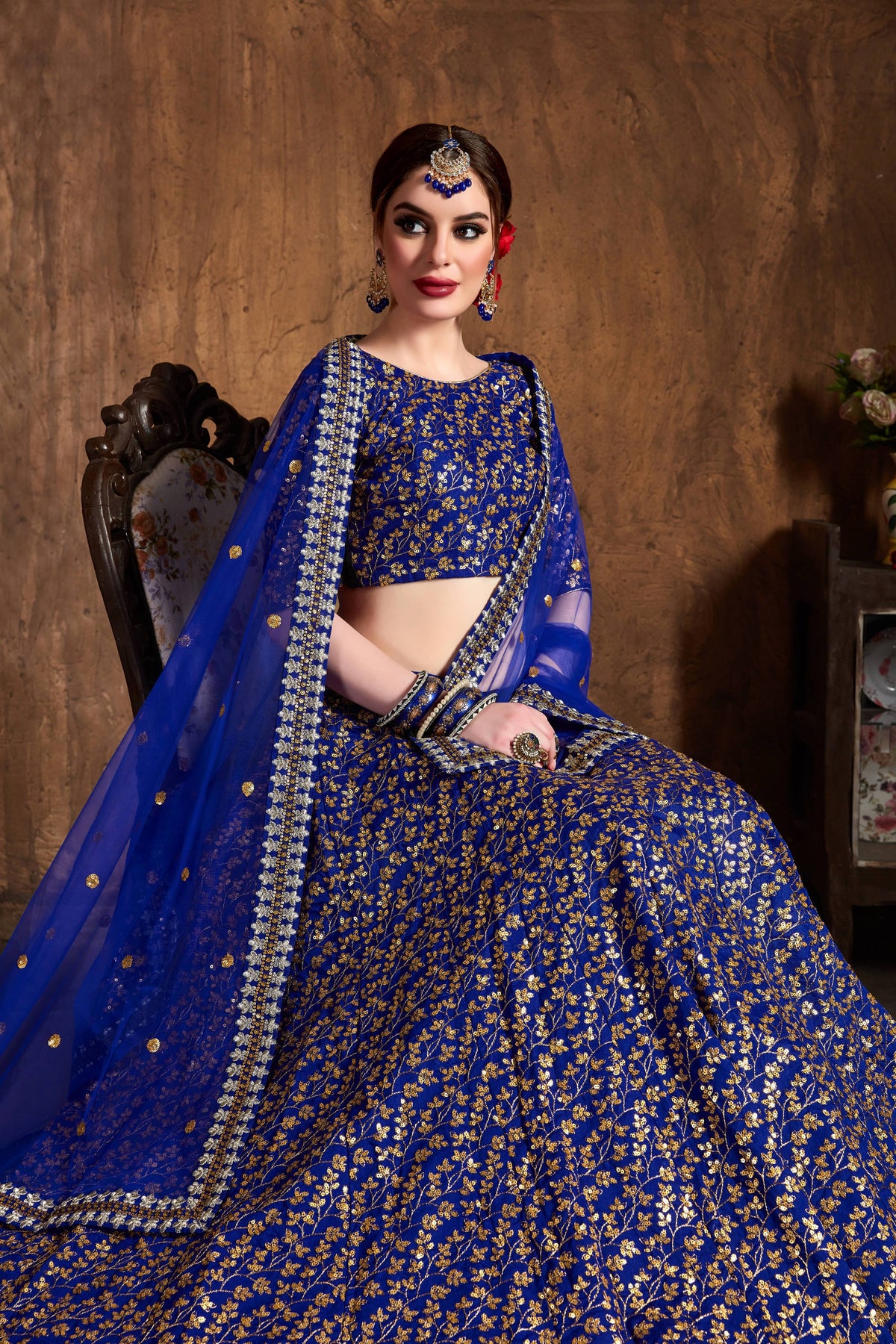 Royal Blue & Gold Embroidered Bridal Lehenga Choli with Dupatta