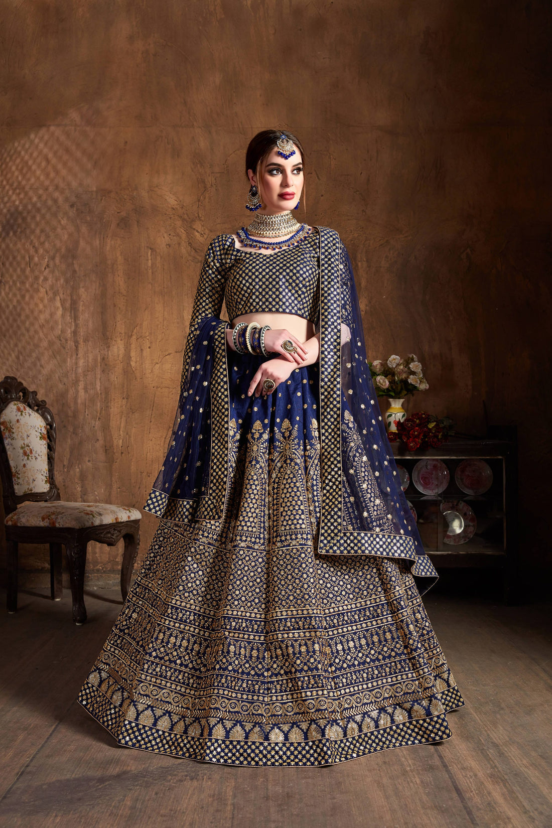 Navy Blue & Gold Heavy Embroidered Bridal Lehenga Choli Set