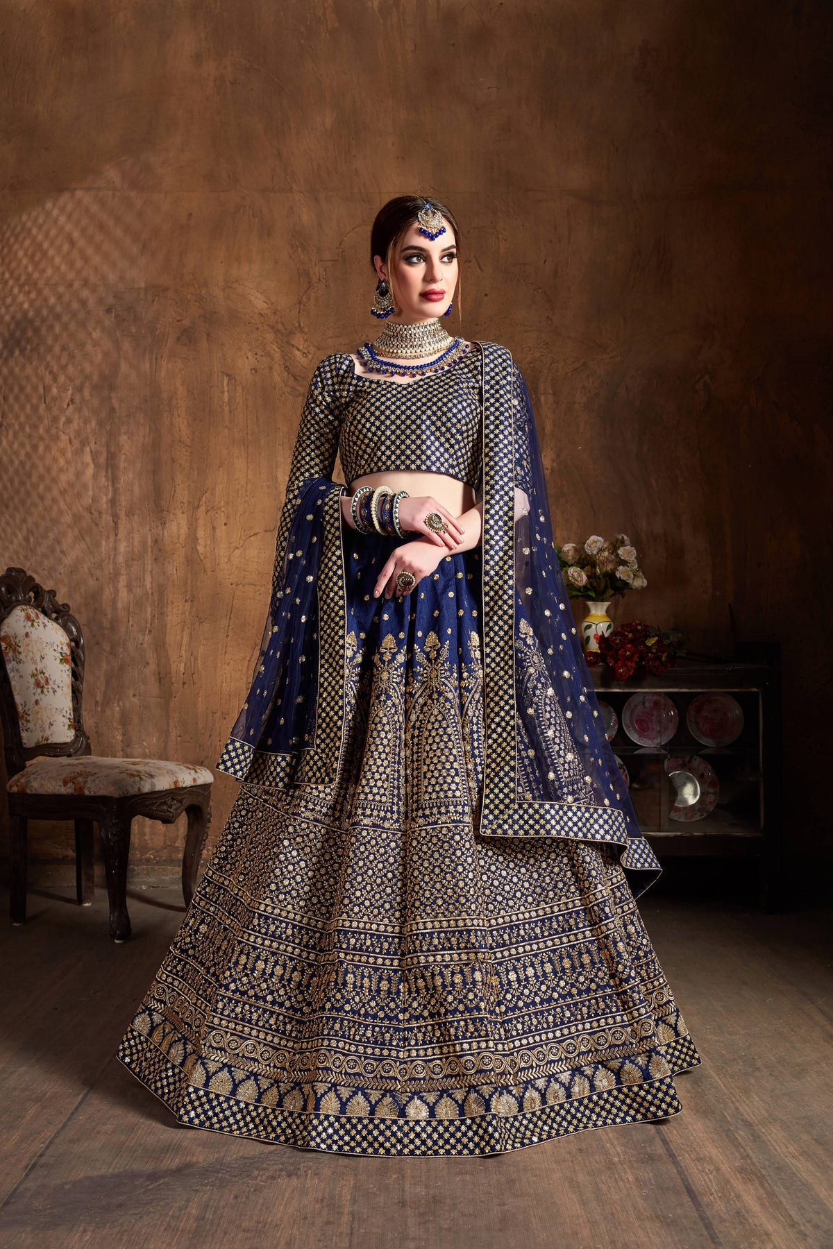 Navy Blue & Gold Heavy Embroidered Bridal Lehenga Choli Set