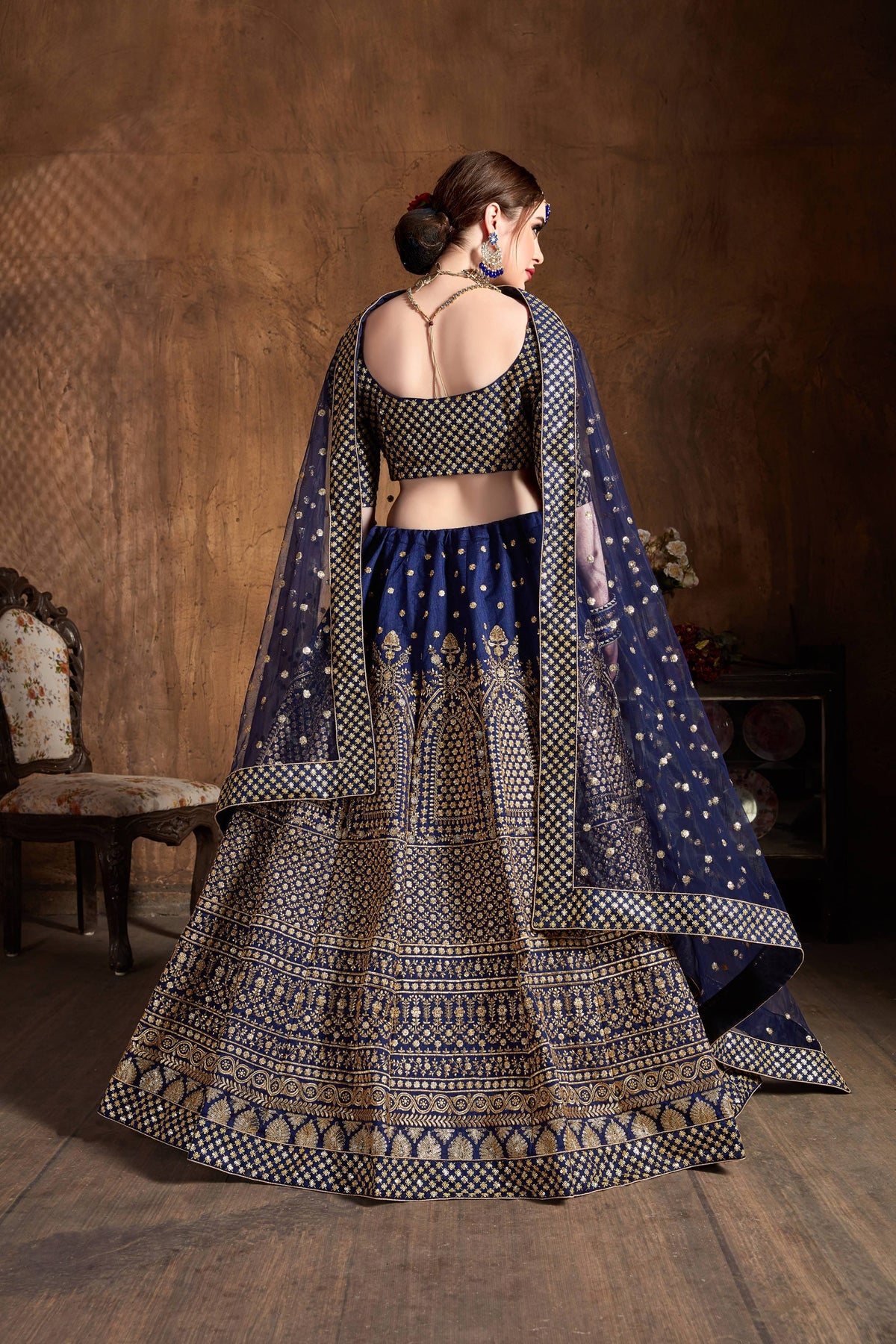 Navy Blue & Gold Heavy Embroidered Bridal Lehenga Choli Set