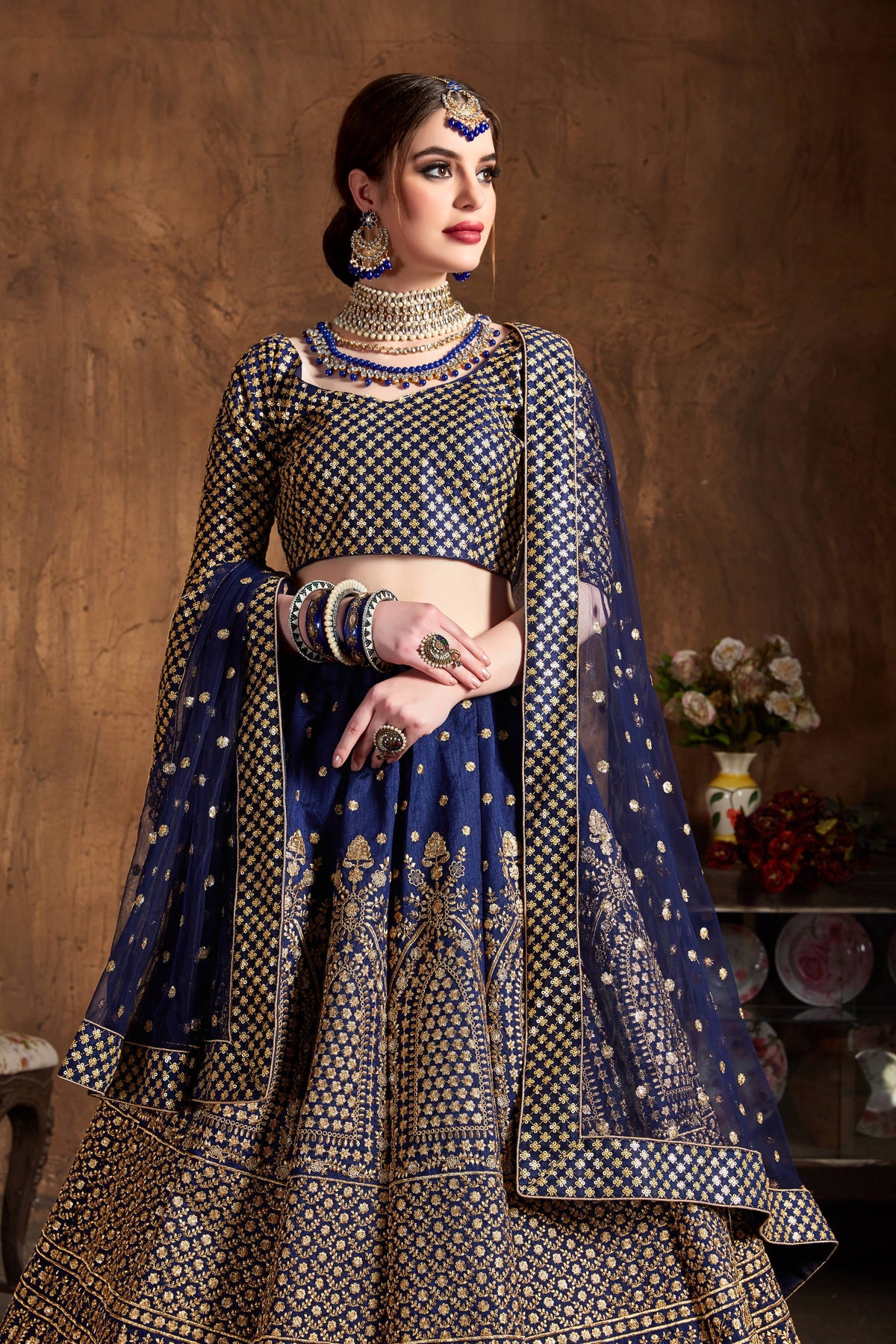 Navy Blue & Gold Heavy Embroidered Bridal Lehenga Choli Set