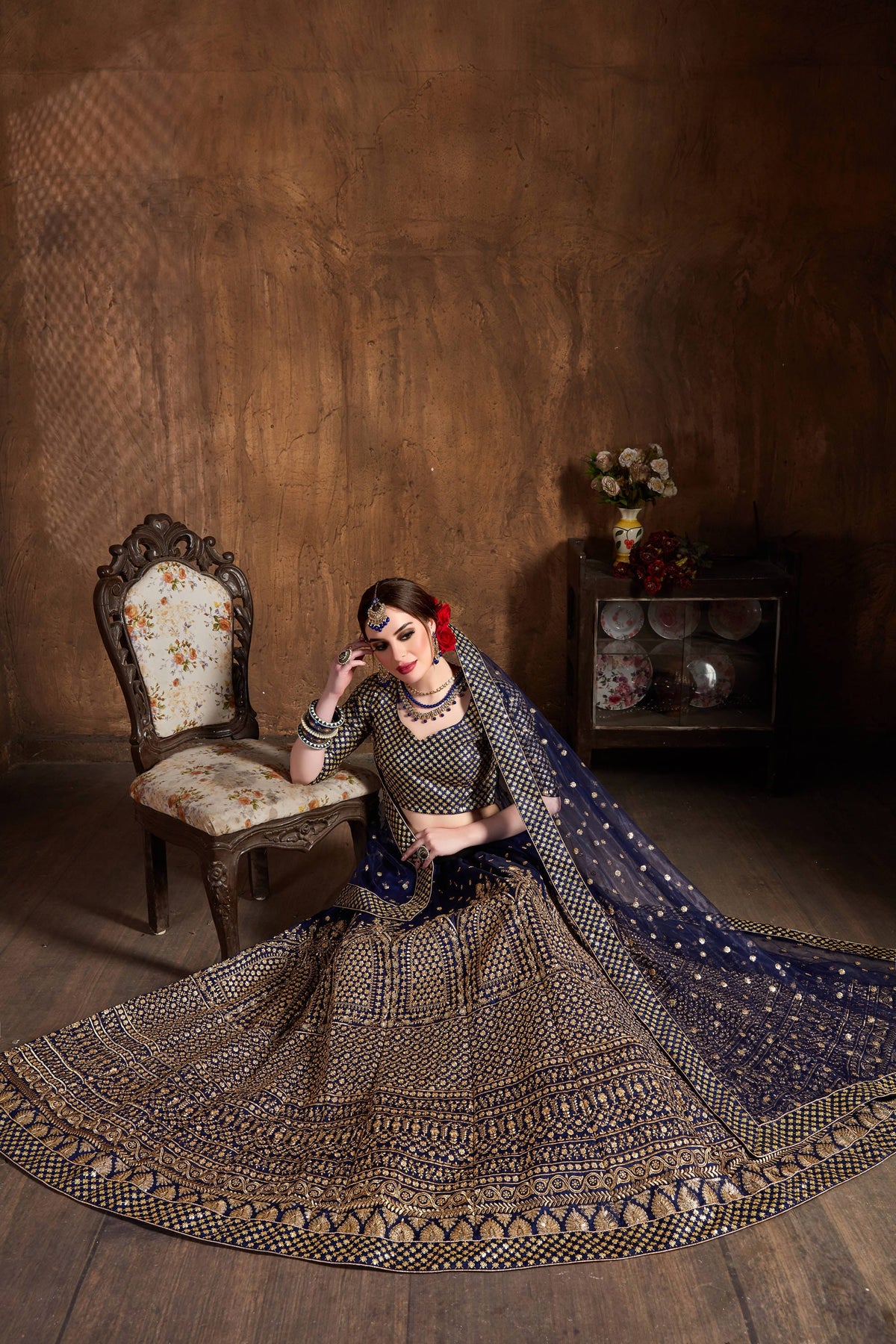Navy Blue & Gold Heavy Embroidered Bridal Lehenga Choli Set