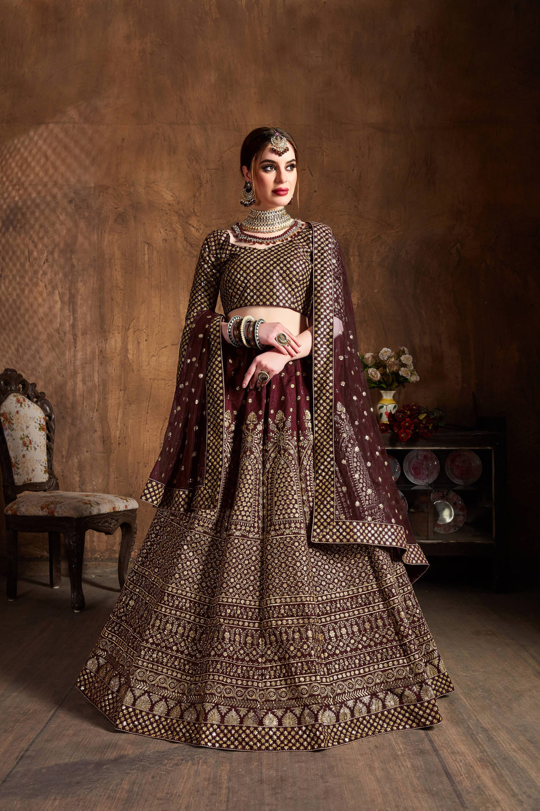Dark Wine & Gold Heavy Embroidered Bridal Lehenga Choli Set