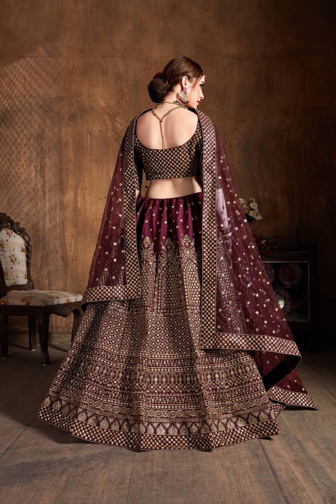 Dark Wine & Gold Heavy Embroidered Bridal Lehenga Choli Set