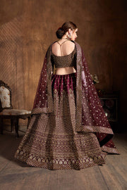 Dark Wine & Gold Heavy Embroidered Bridal Lehenga Choli Set