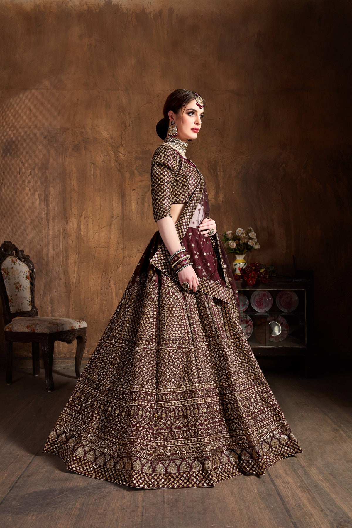 Dark Wine & Gold Heavy Embroidered Bridal Lehenga Choli Set