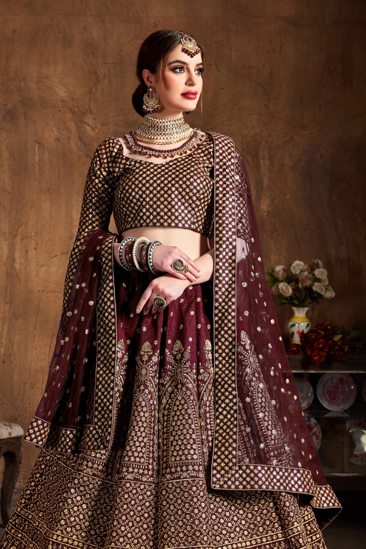 Dark Wine & Gold Heavy Embroidered Bridal Lehenga Choli Set