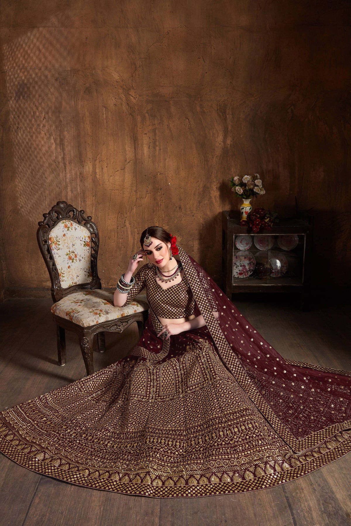 Dark Wine & Gold Heavy Embroidered Bridal Lehenga Choli Set