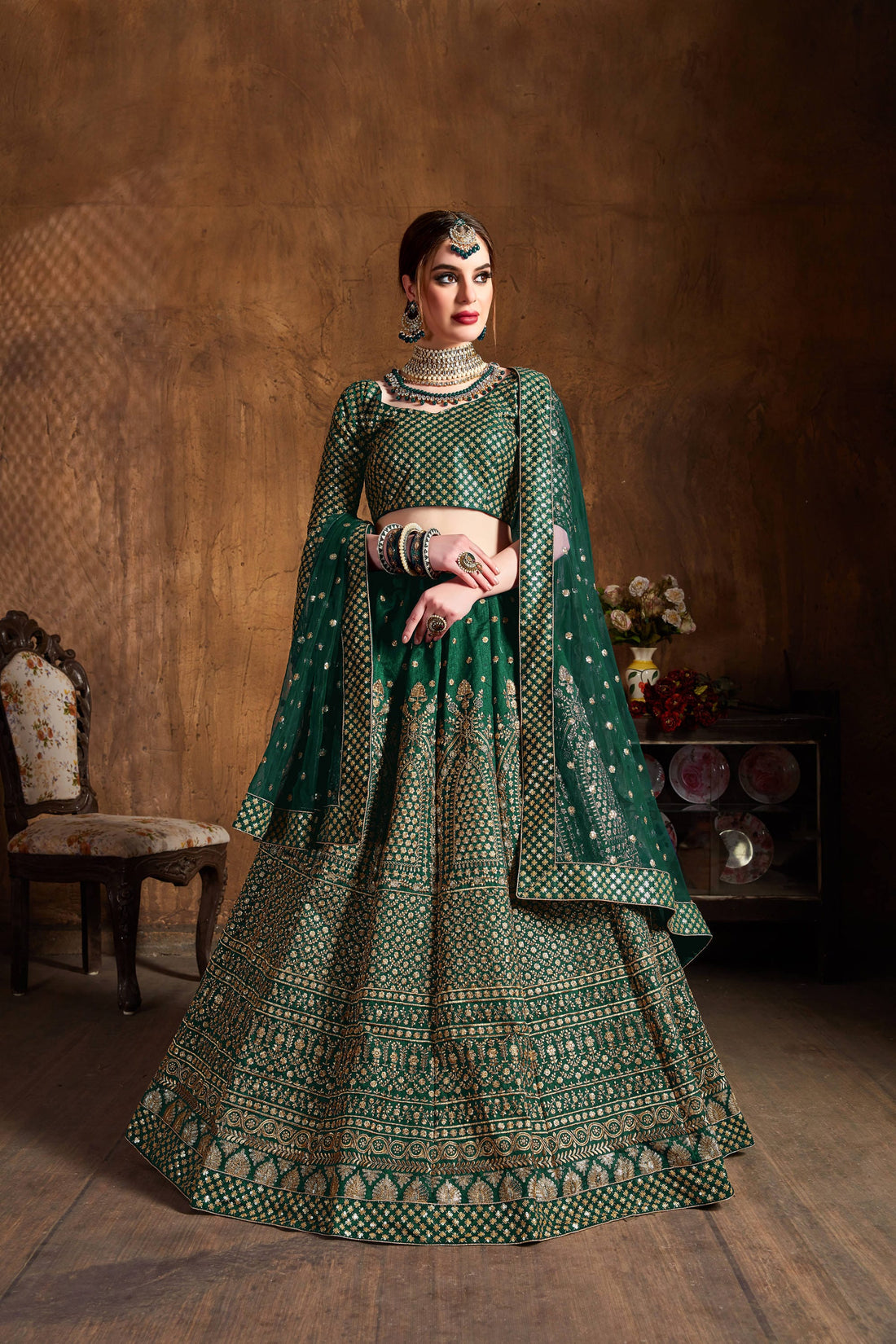 Emerald Green & Gold Heavy Embroidered Bridal Lehenga Choli Set