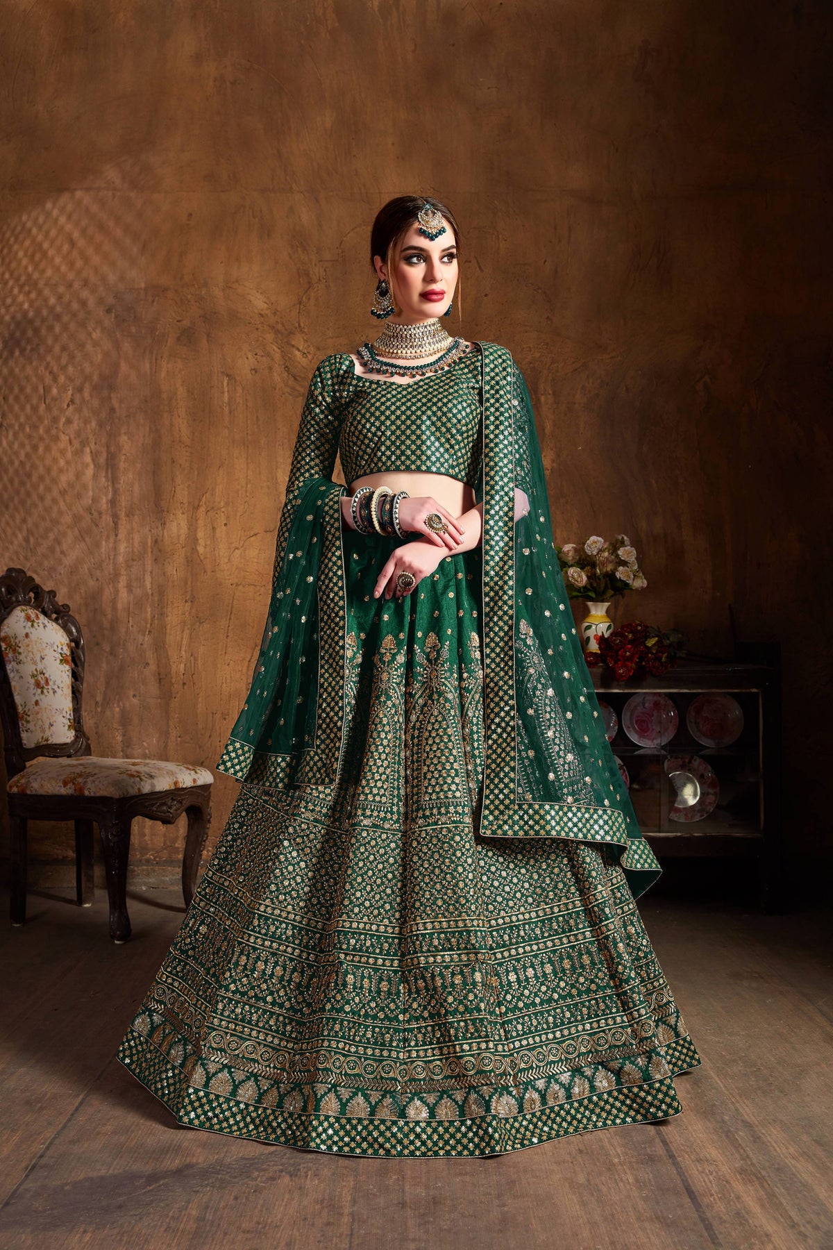 Emerald Green & Gold Heavy Embroidered Bridal Lehenga Choli Set