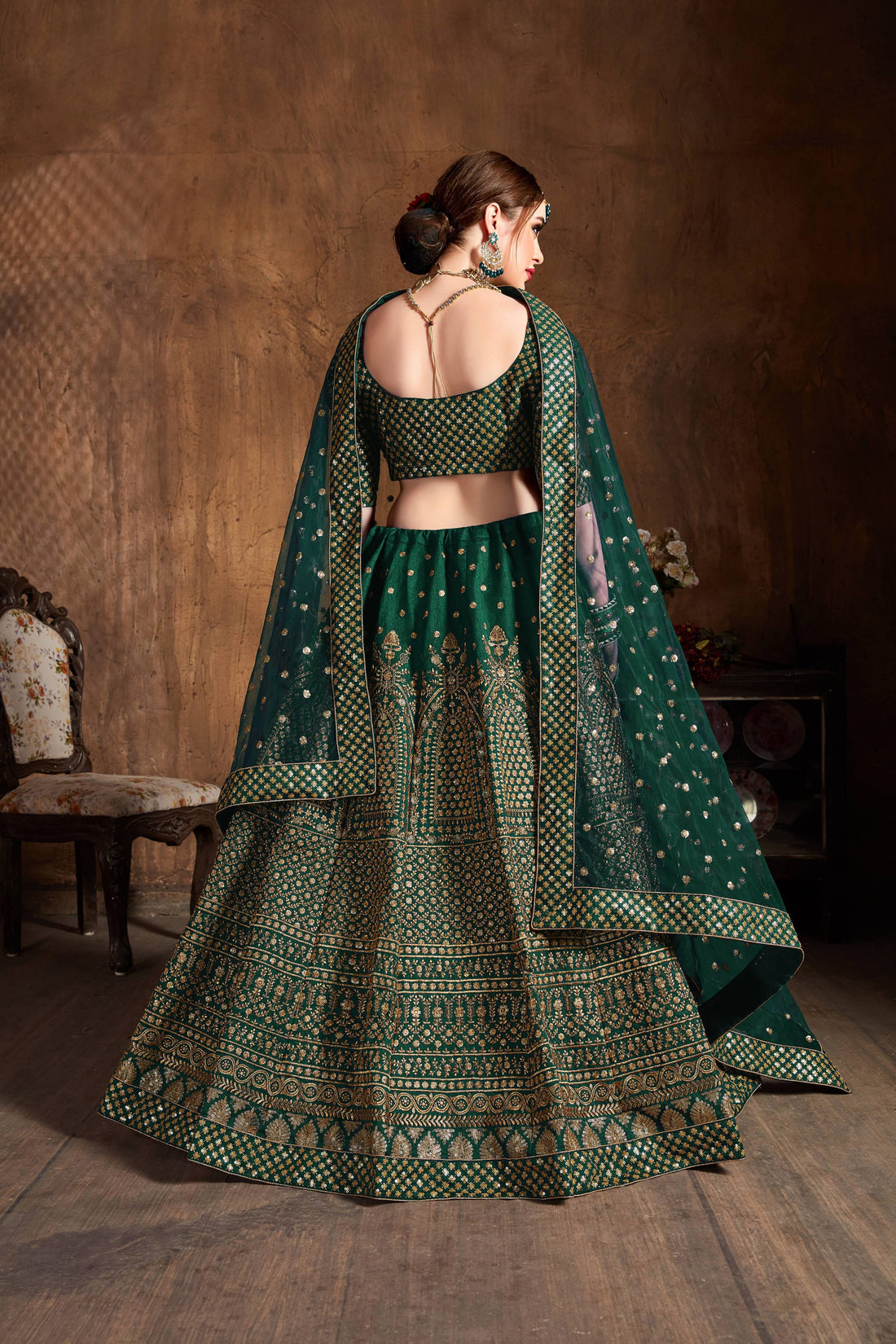 Emerald Green & Gold Heavy Embroidered Bridal Lehenga Choli Set