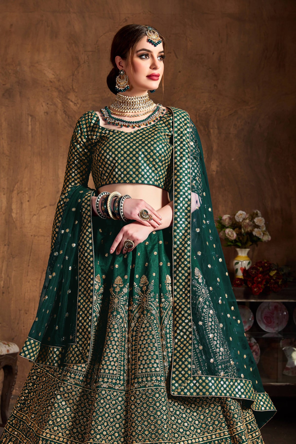 Emerald Green & Gold Heavy Embroidered Bridal Lehenga Choli Set