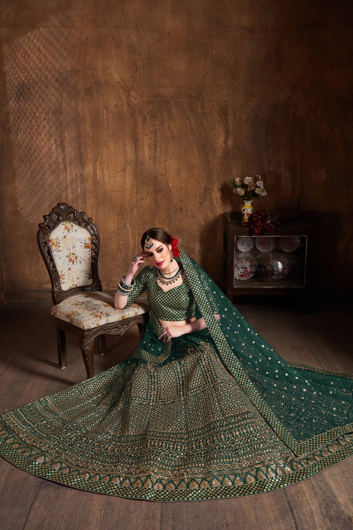 Emerald Green & Gold Heavy Embroidered Bridal Lehenga Choli Set