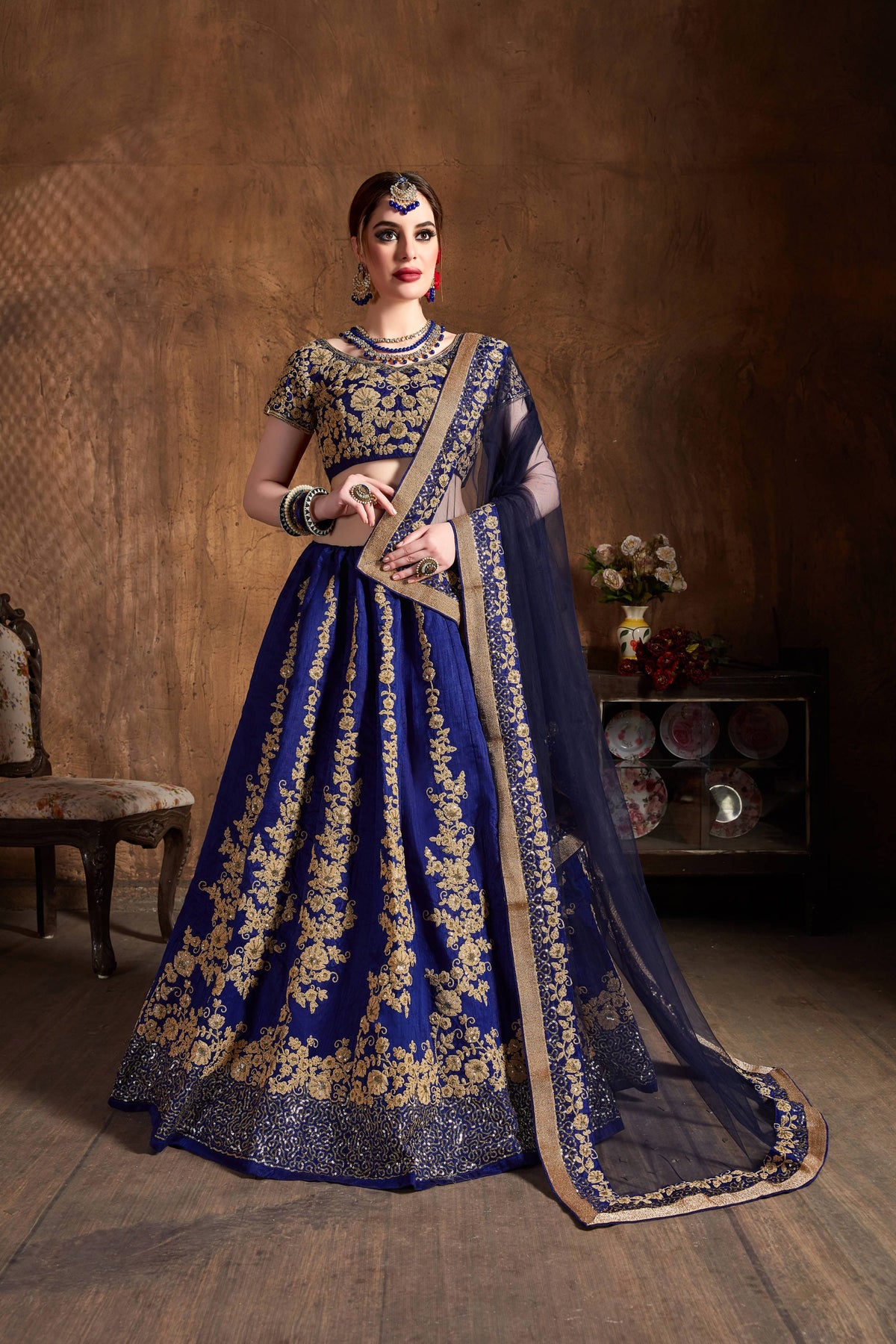 Royal Blue & Gold Embroidered Bridal Lehenga Choli with Navy Dupatta