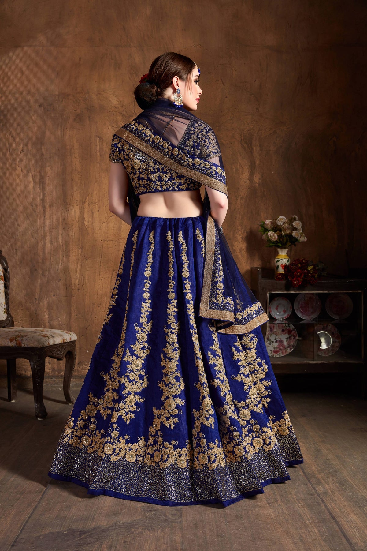 Royal Blue & Gold Embroidered Bridal Lehenga Choli with Navy Dupatta