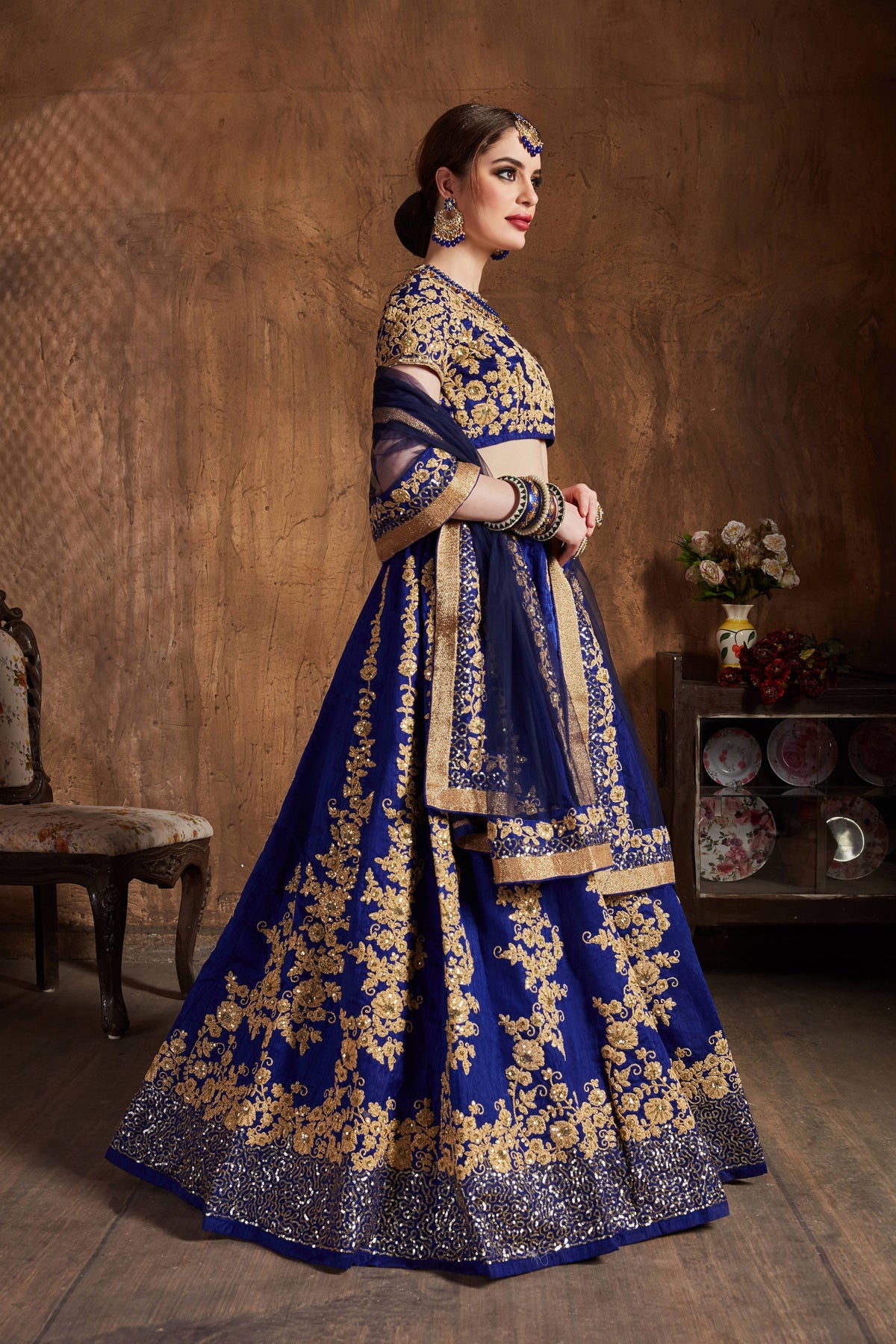 Royal Blue & Gold Embroidered Bridal Lehenga Choli with Navy Dupatta