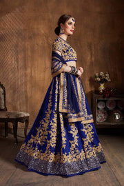 Royal Blue & Gold Embroidered Bridal Lehenga Choli with Navy Dupatta