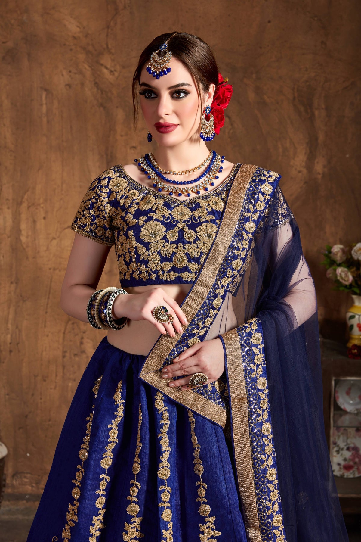 Royal Blue & Gold Embroidered Bridal Lehenga Choli with Navy Dupatta